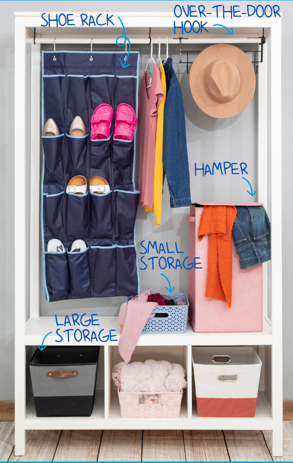 shoe rack. over-the-door hook. hamper. small storage. large storage.