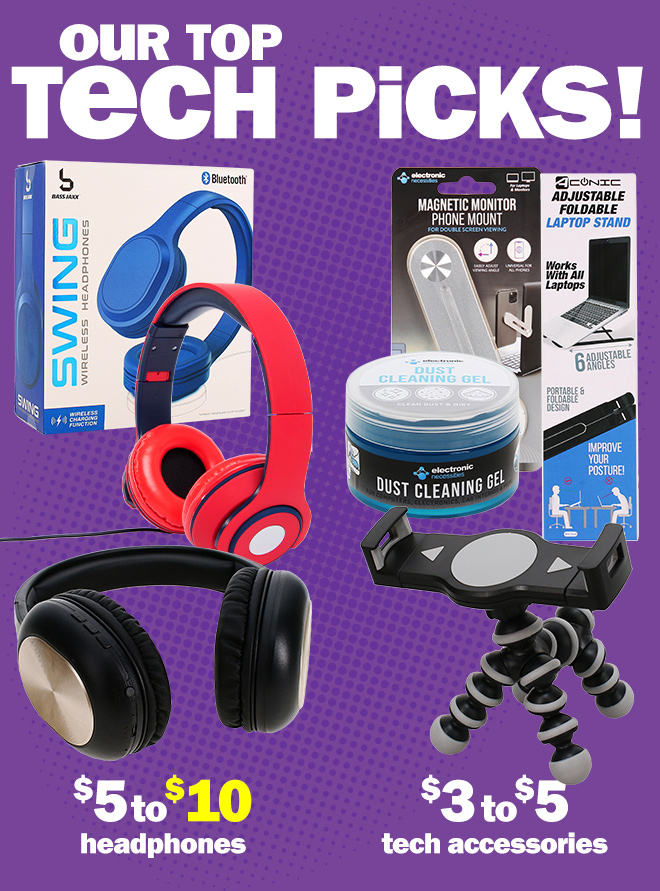 our top tech picks! $5 to $10 headphones. $3 to $5 tech accessories.