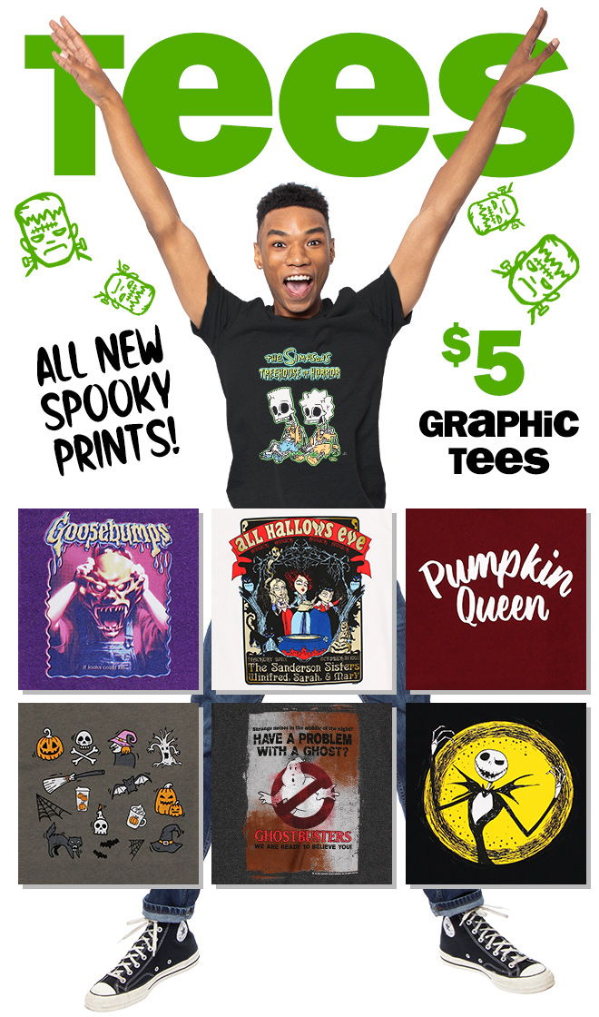 tees: all new spooky prints! $5 graphic tees