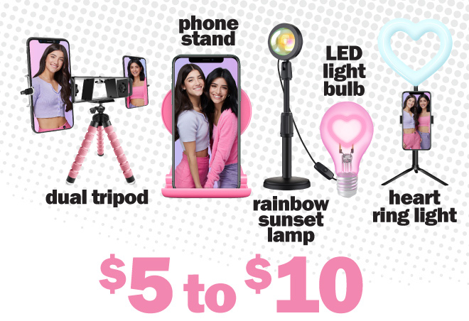 dual tripod. phone stand. rainbow sunset lamp. LED light bulb. heart ring light. $5 to $10