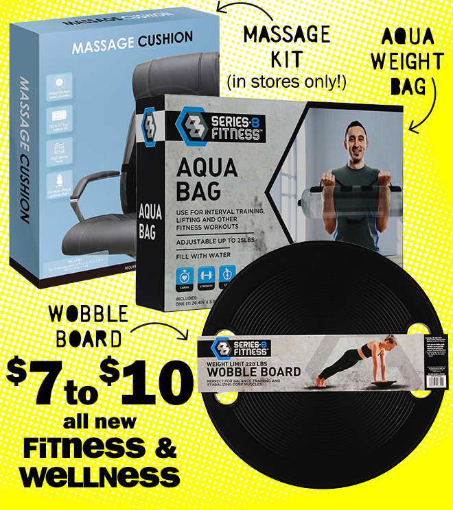 massage kit - in stores only. aqua water bag. wobble board. $7 to $10 all new fitness and wellness