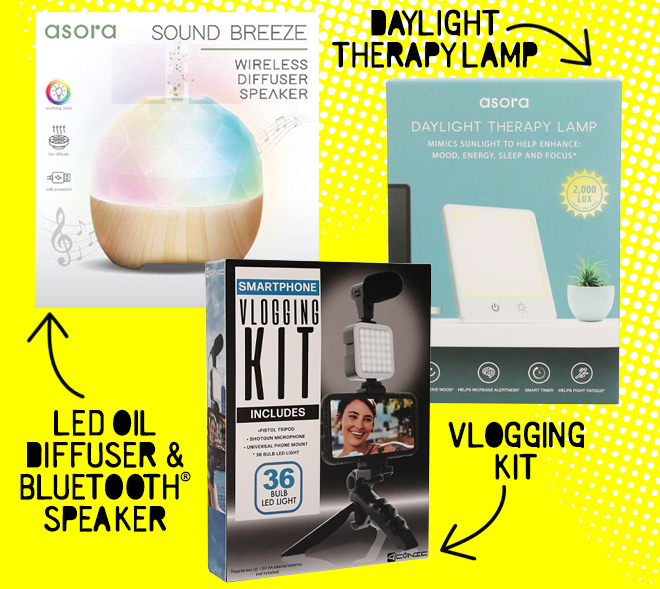 daylight therapy lamp. LED oil diffuser and bluetooth speaker. vlogging kit.