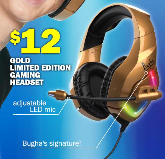 gold limited edition gaming headset: $12! adjustable LED mic! Bugha's signature!
